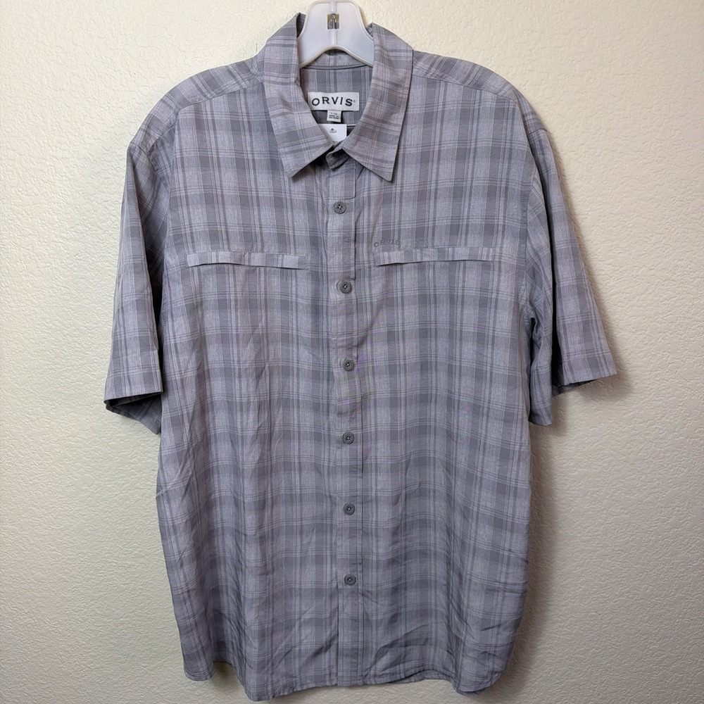 Orvis Tech Shirt Men L Gray Plaid Short Sleeve Button Up Quick Dry Fishing NWT